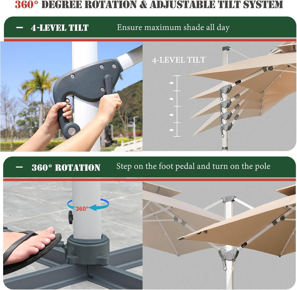 10x10 FT Square Cantilever Patio Umbrella with Solar LED Lights and Cross Base