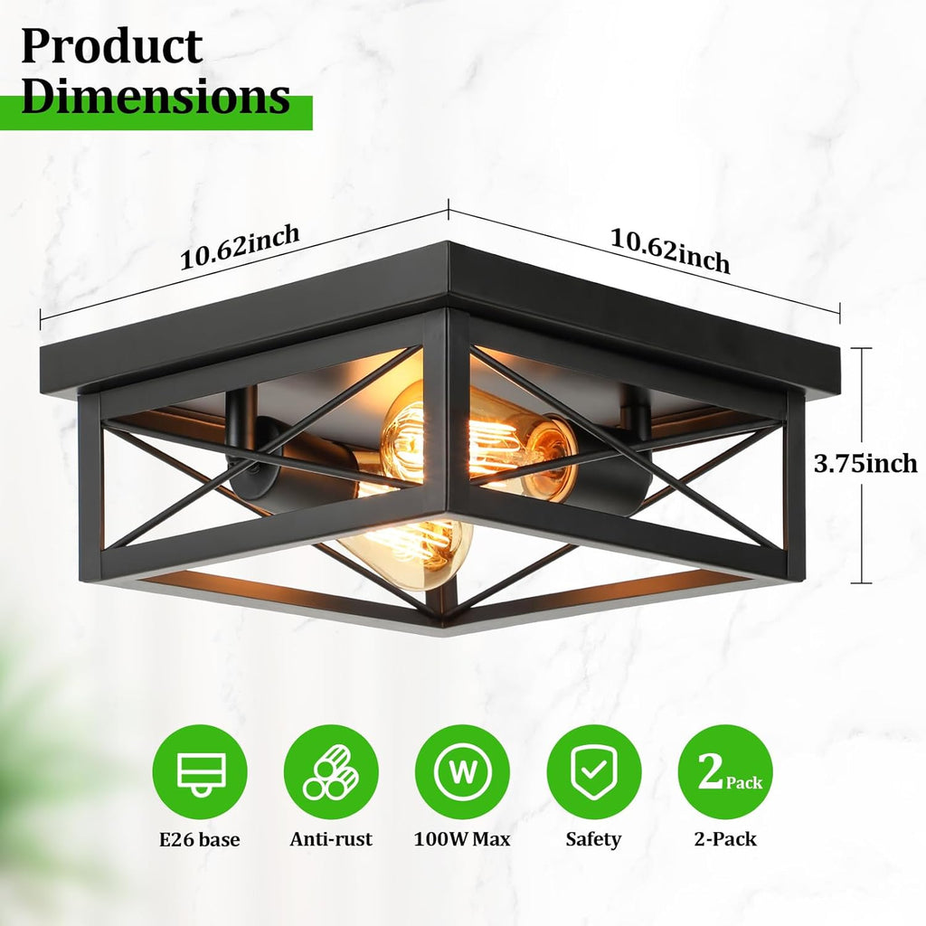 2-Light Industrial Square Flush Mount Ceiling Light, Farmhouse Ceiling Light Fixture for Kitchen