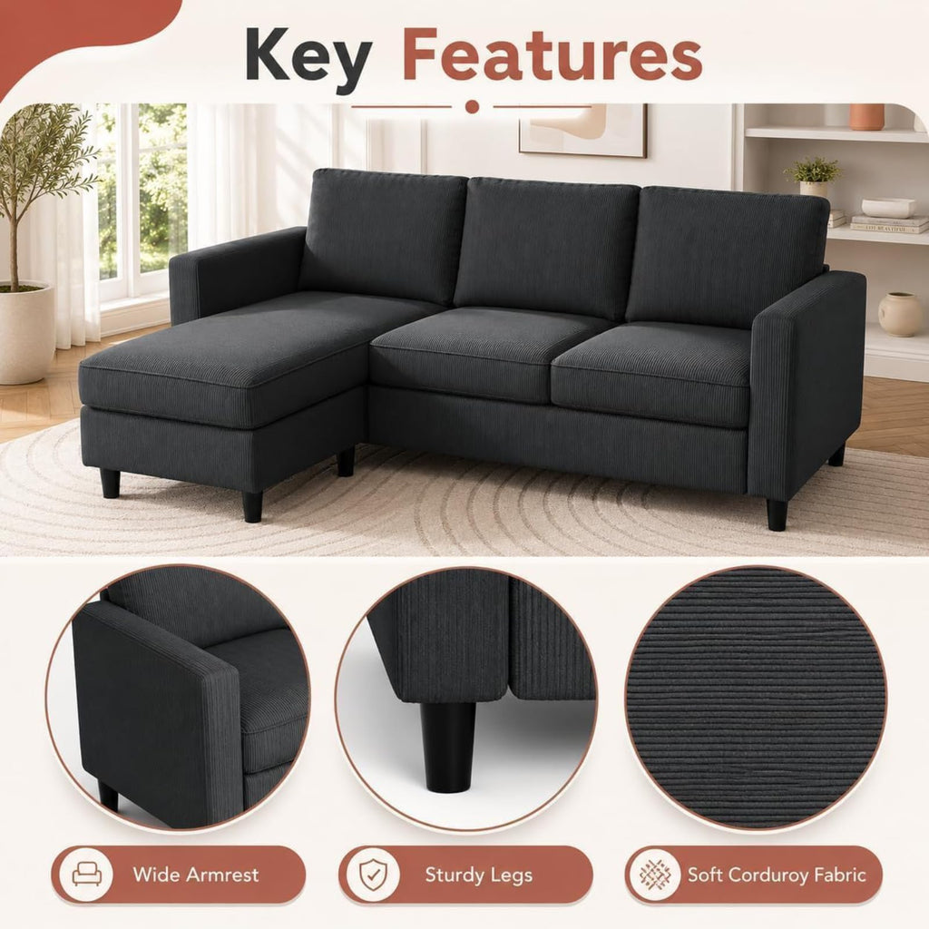 73.6" L-Shaped Small Sectional Couch with Ottoman, Gray