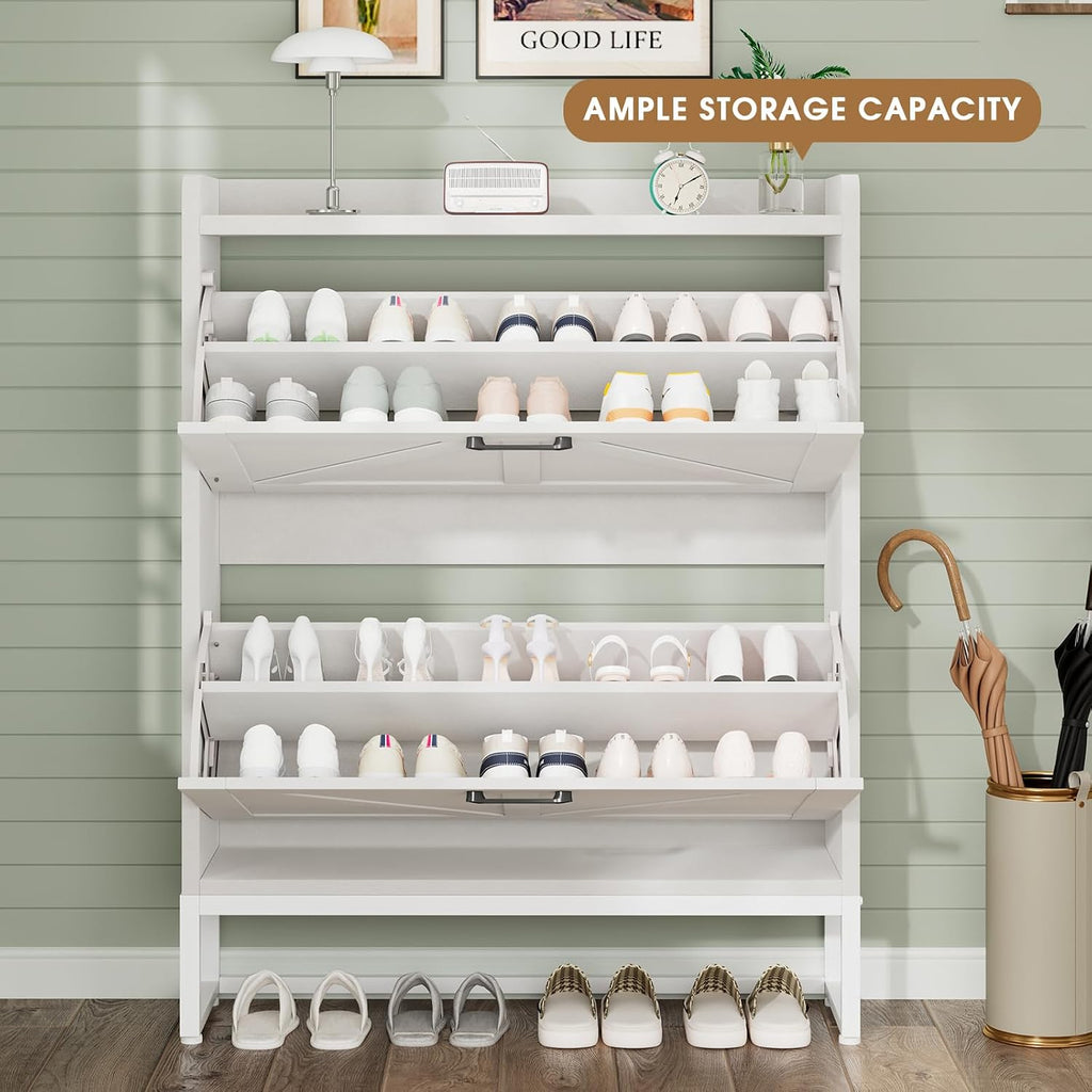Shoe Cabinet, Shoe Storage Cabinet with 2 Flip Drawers & Adjustable Shelf, Space-Saving Shoe Organizer - Holds 16+