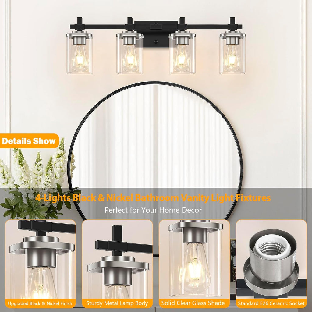 4-Lights Black and Brushed Nickel Vanity Lights with Clear Glass Shade, Bathroom Wall Light Fixtures, 30.3 Inch Large