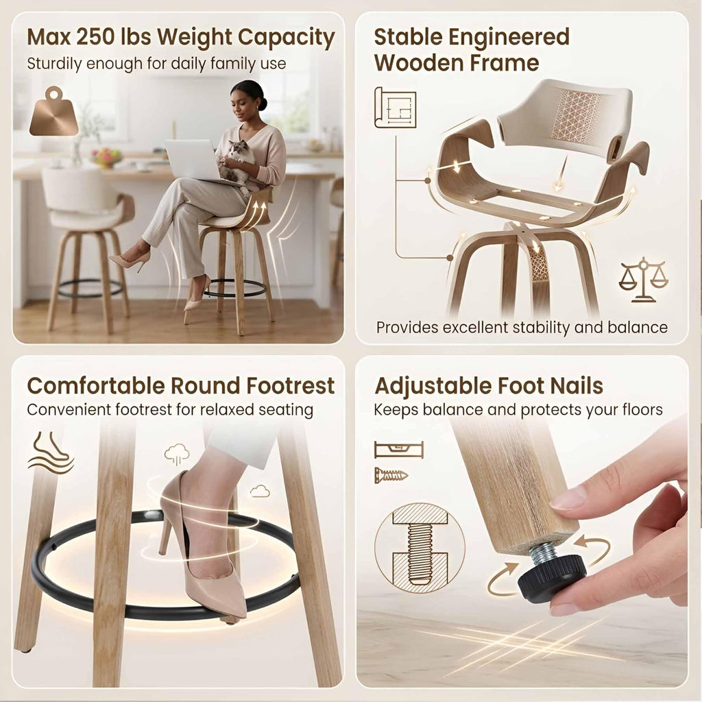 26 Inch Modern Barrel Swivel Counter Stools Counter Height Swivel Bar Stools with Backs Set of 2, Beige Linen