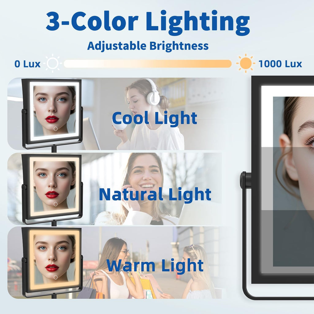 Rechargeable Wall Mounted Makeup Mirror with Lights, Double Sided 1X/10X Magnifying Vanity Mirror with 3 Color