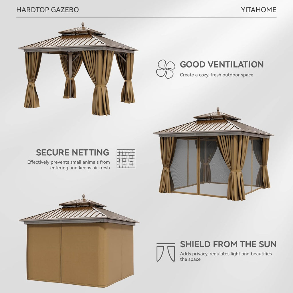 10x10ft Hardtop Gazebo with Nettings and Curtains