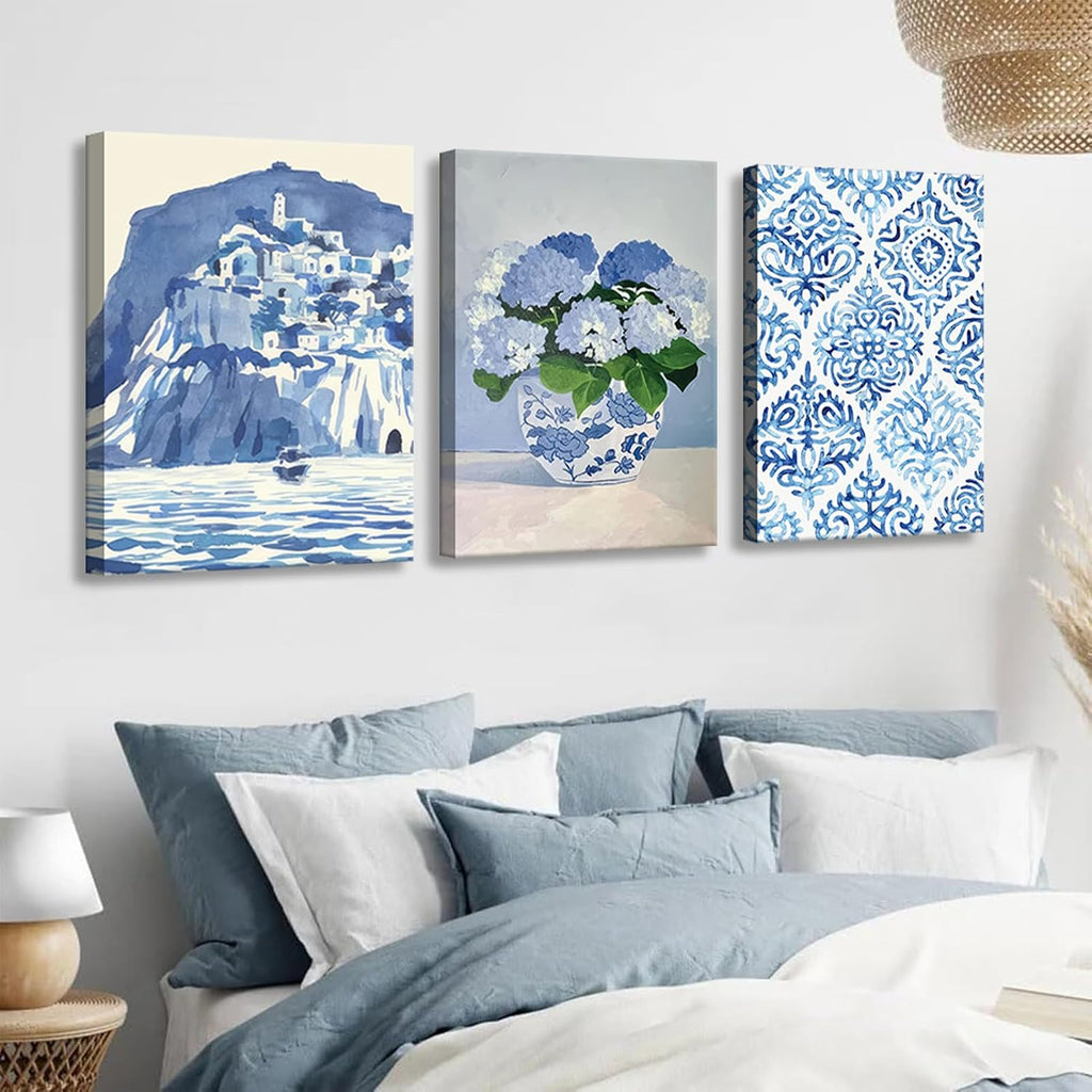 6Pcs Blue coastal Canvas Wall Art Flowers Aesthetic Wall Decor Hydrangeas Pictures painting Trendy Minimalist Prints