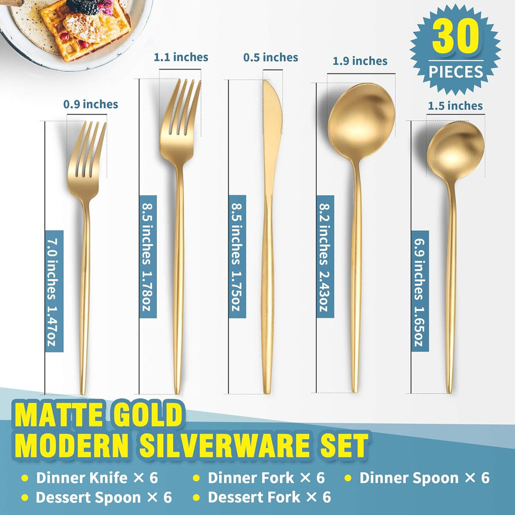 Matte Gold Silverware Set for 6,Modern Stainless Steel Brushed Cutlery Set,30-Pieces Heavy Duty Flatware Set