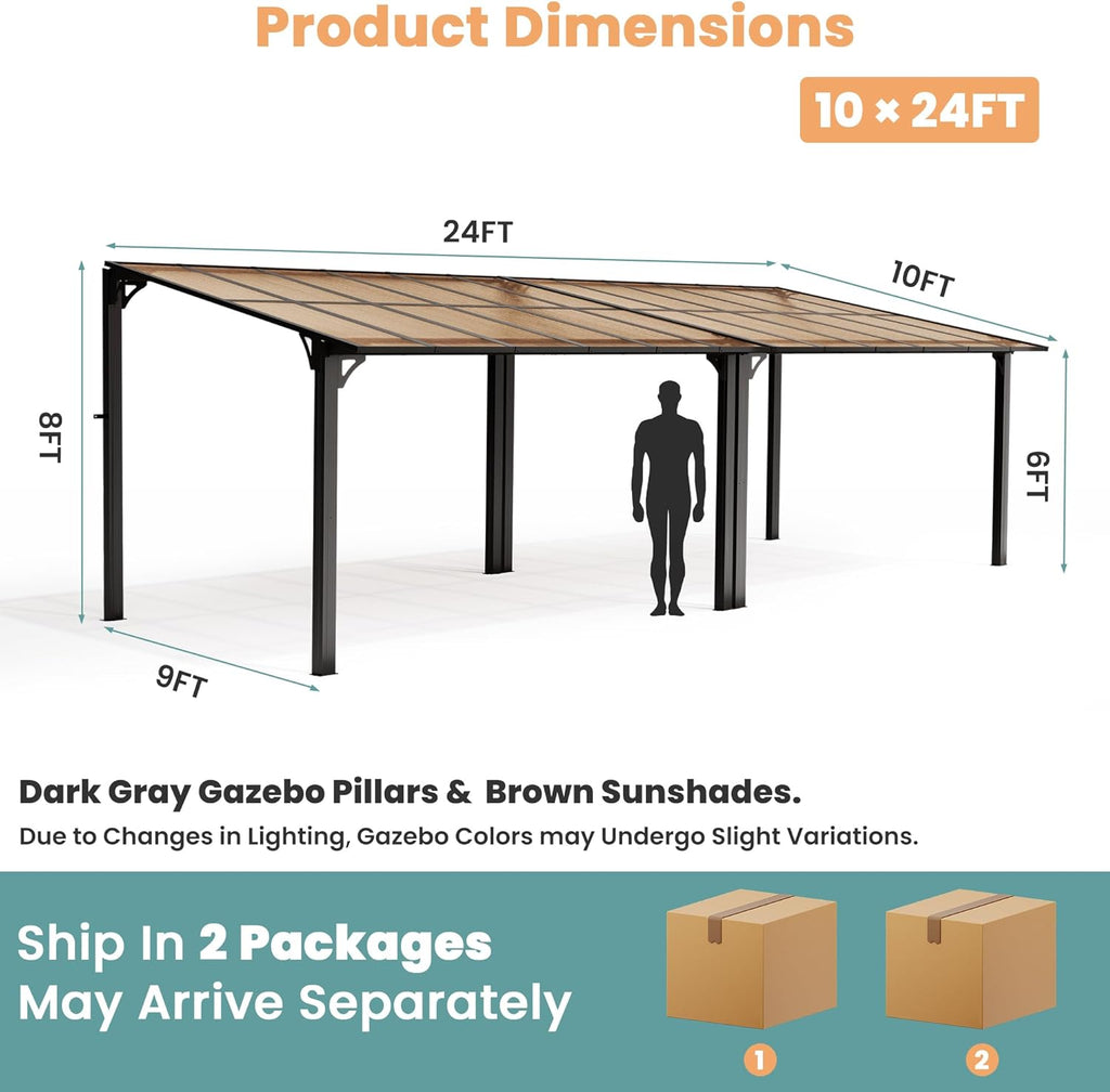 10x24FT Wall Mounted Gazebo, Hardtop Lean to Gazebo with Aluminum Frame & UV Resistant Polycarbonate Roof