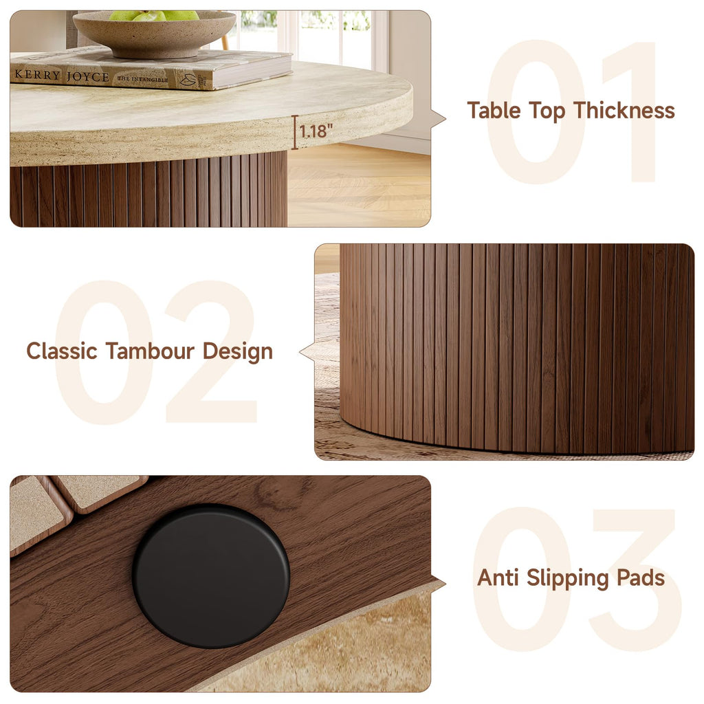 31.5" Round Coffee Table, Tambour Design, Travertine & Walnut