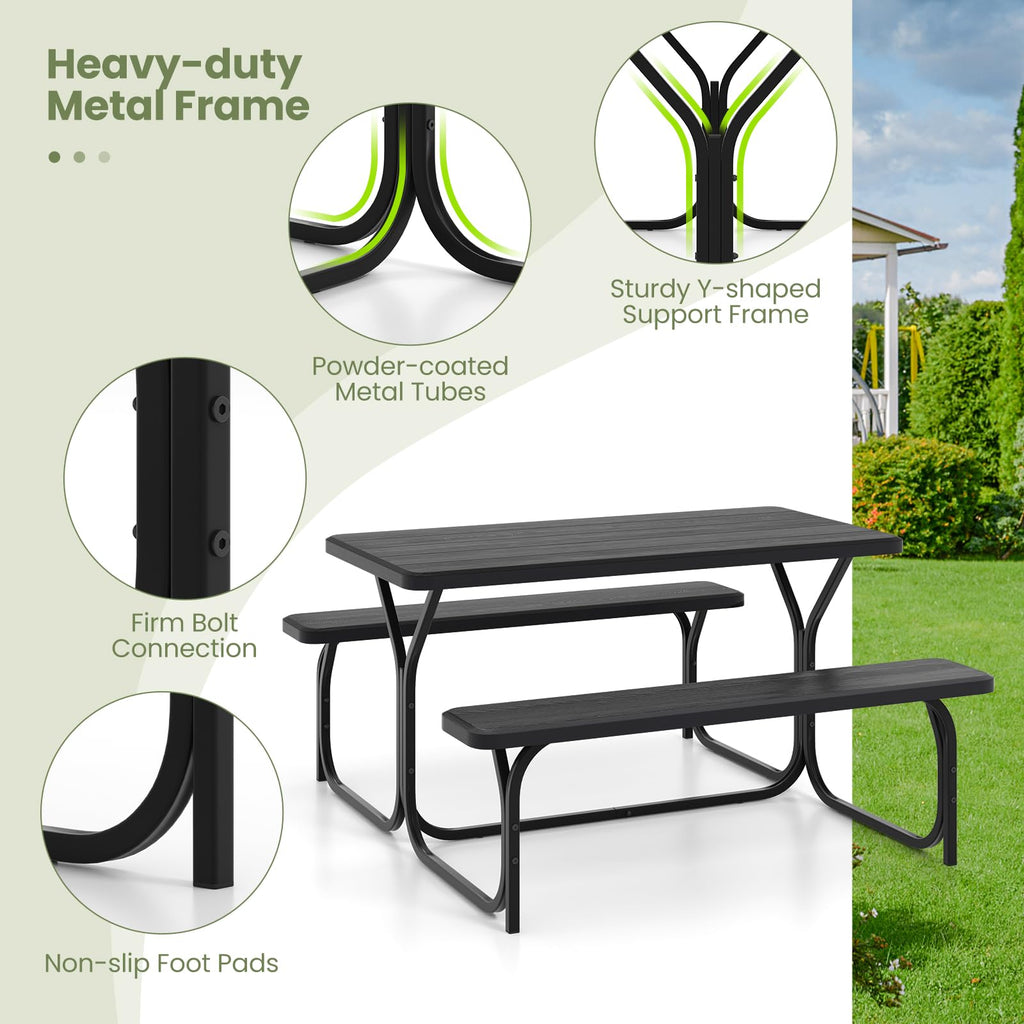 Picnic Table, 59" Plastic Picnic Table with Benches, Steel Frame & Wood-Like Texture Tabletop, Expanded Rectangular