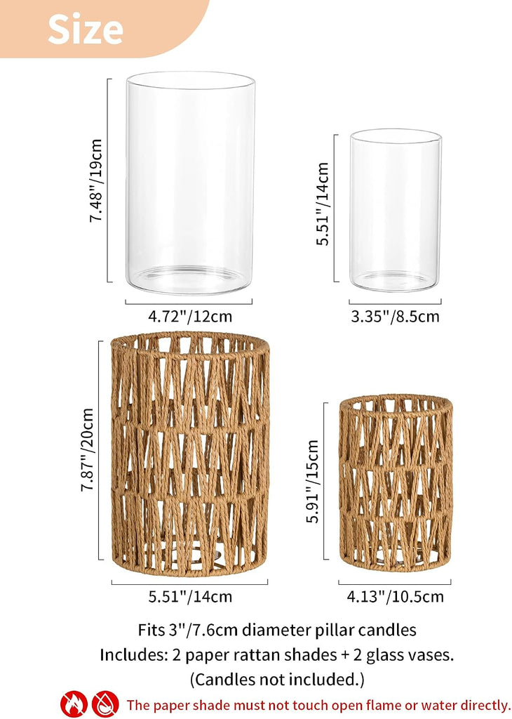 Rattan Boho Hurricane Lanterns: Set of 2 Pillar Candle Holders with Glass Cylinders- Farmhouse Vases Coffee Table