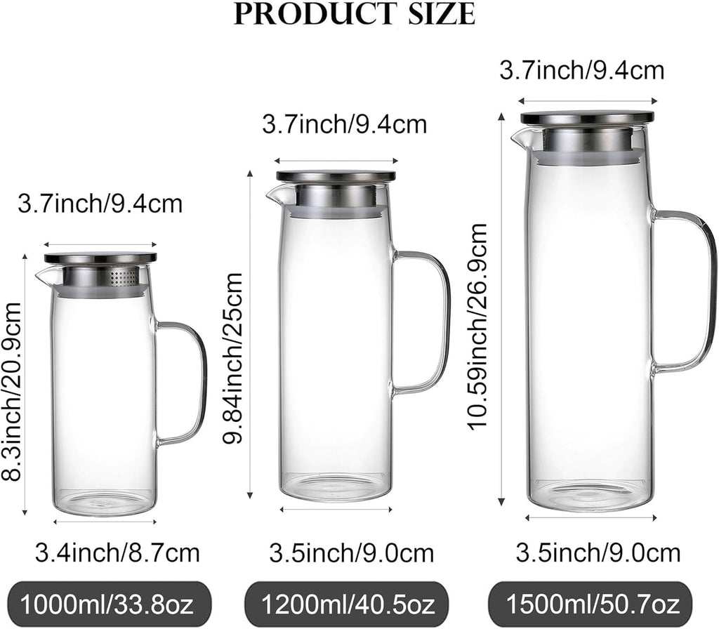 Glass Pitcher With Lid and Spout - Iced Tea and Beverage Pitcher for Fridge, Small Water Jug 1000ml/34oz