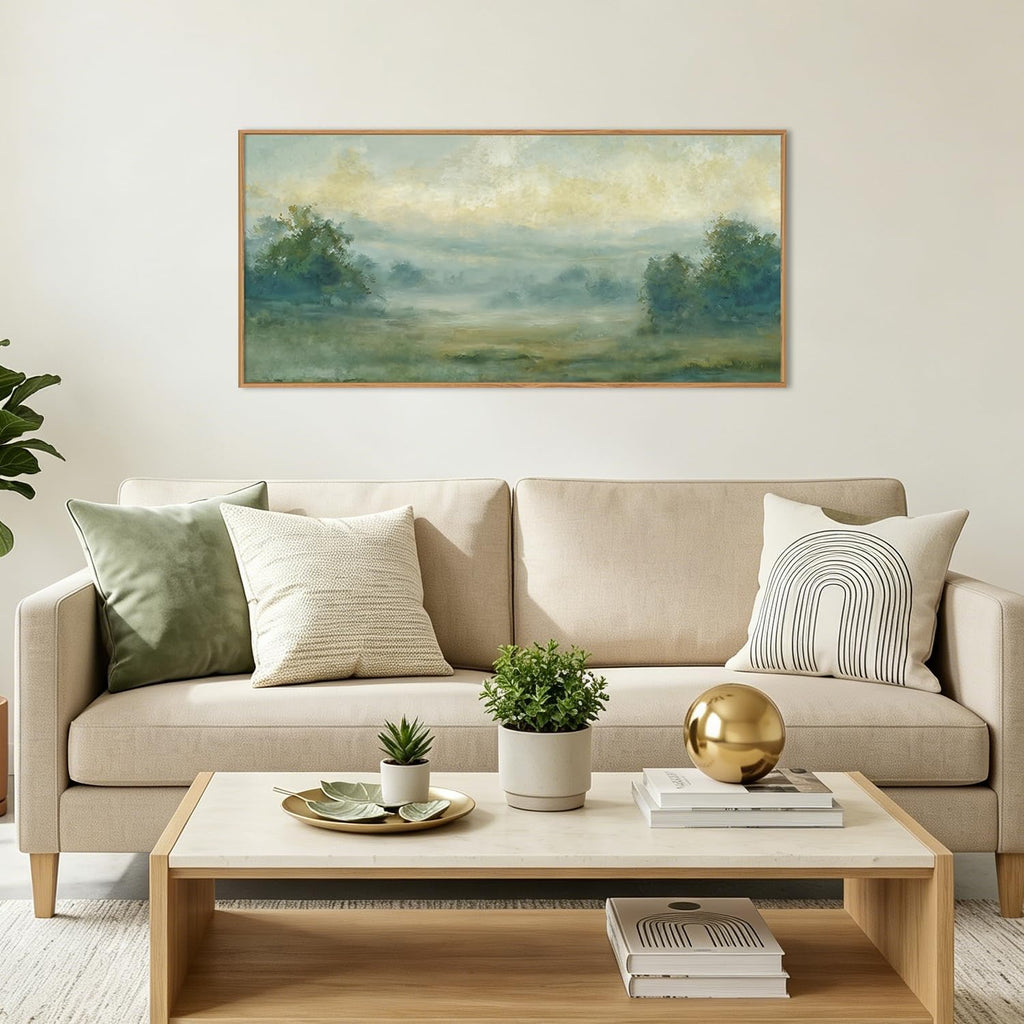 Green Abstract Minimalist Framed Canvas Wall Art,Neutral Landscape Horizontal Wall Decor,Watercolor Forest Mountain