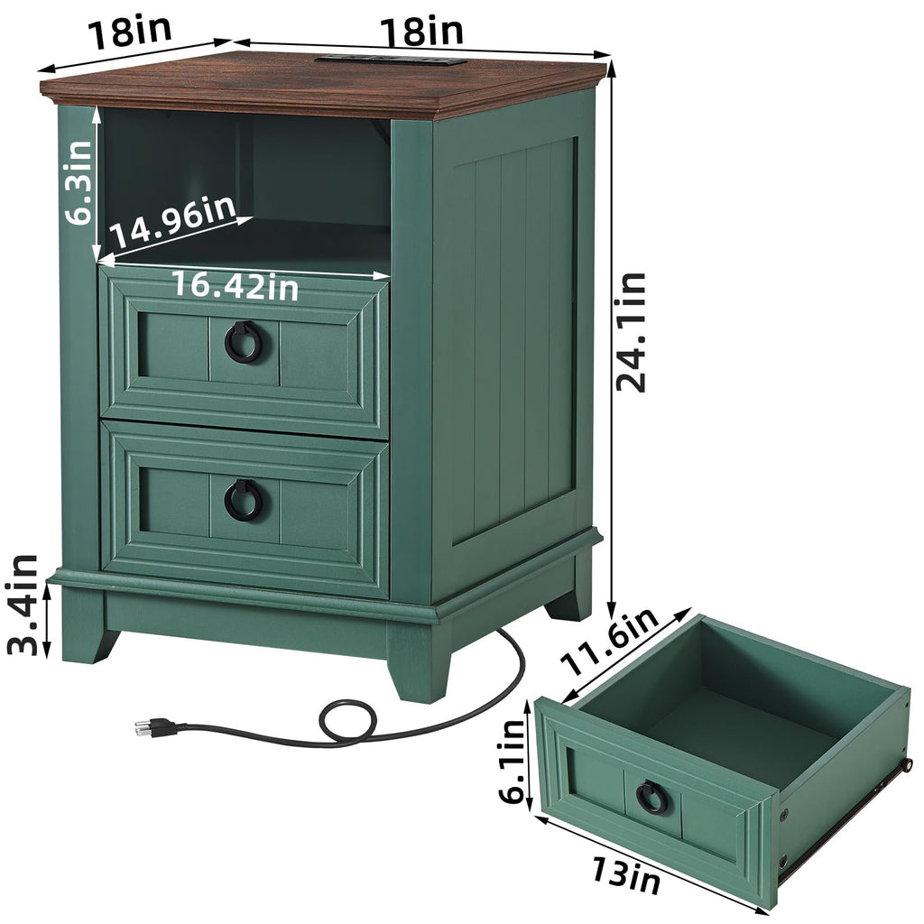 18" Farmhouse Night Stand Set 2 with Charger Station & 2 Drawers