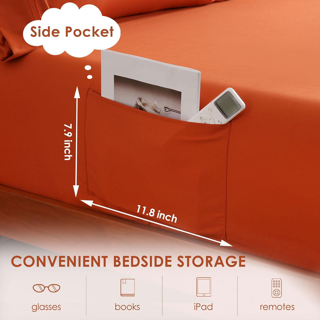 Orange Sheet Set with Side Storage Pocket, 4 Piece Soft Microfiber Bed Sheets Deep Pocket Corner Straps