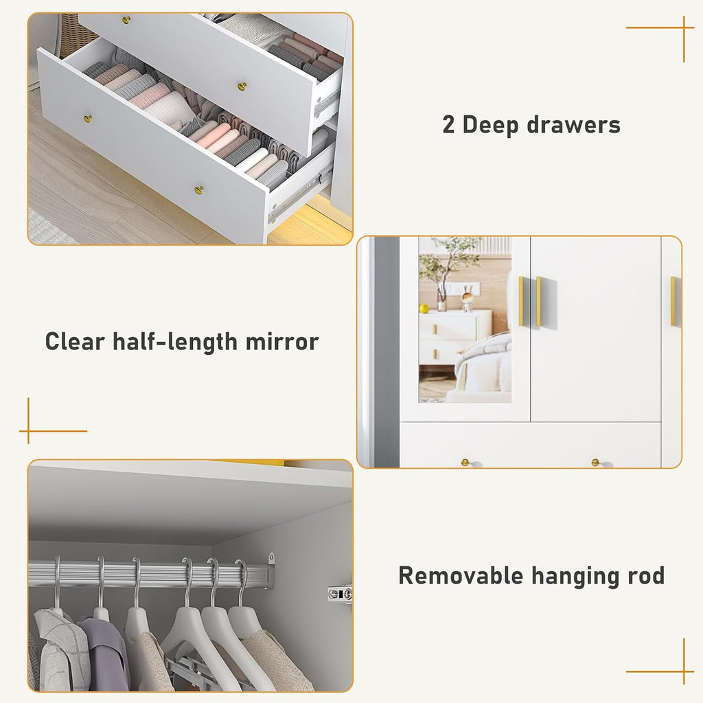 2 Doors Armoire Wardrobe Closet with Mirror, LED Closet with Doors and Drawers, Wooden Wardrobe Storage Cabinet with
