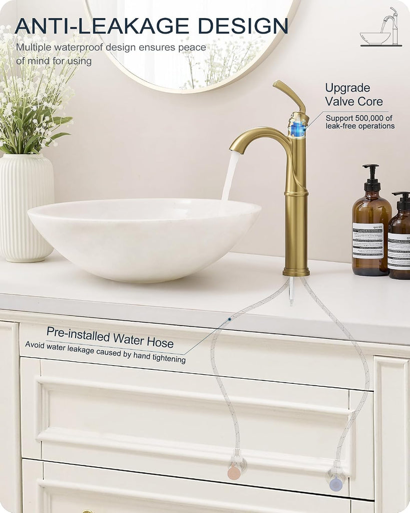 Gold Vessel Sink Faucet, Brass Tall Bathroom Sink Faucet One Hole with 1 Handle, Pop Up Drain