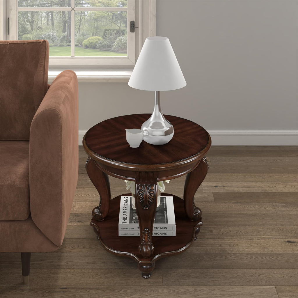 2 Tier Round End Table, 22" Vintage Wood Side Table, Cherry