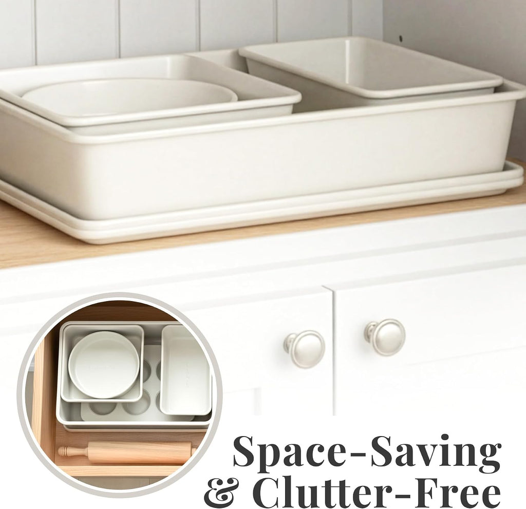 8-Piece Stackable Bakeware Set, Ceramic-Coated Nonstick Pan Set, Non-Toxic, with Sheets, Muffin Pan, Loaf Pan & Cake