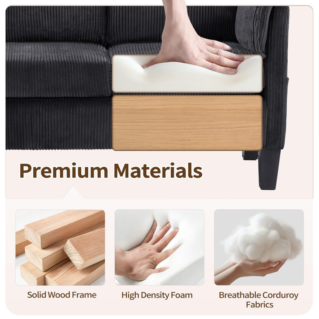 Modern Convertible L Shaped Sofa with Reversible Chaise, 3-Seater Corduroy Couch with Storage Movable Ottoman