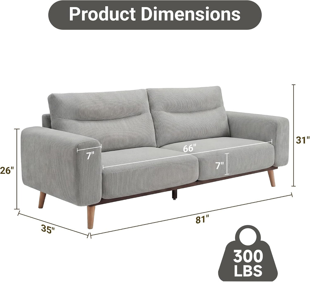 81" Oversized Loveseat Sofa, Mid Century Modern Couch , Corduroy Upholstered 2-3 Seater Sofa with Sturdy Metal Frame