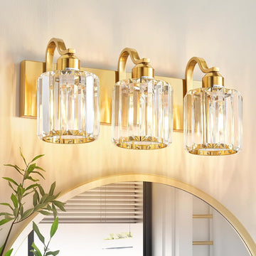3-Light Gold Bathroom Light Fixtures,Modern Bathroom Vanity Lights Fixture with Clear Crystal Glass Shade, Modern