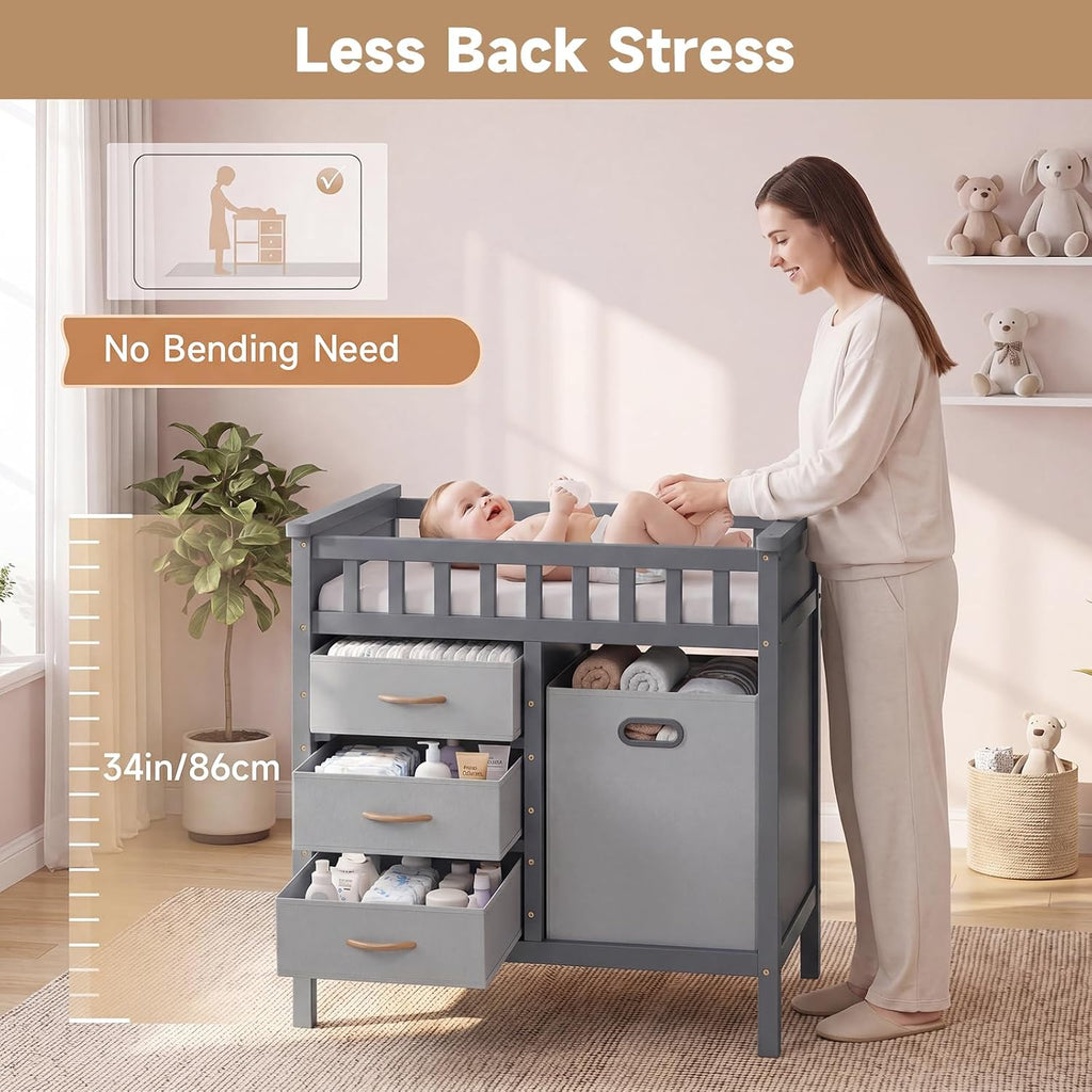 Wooden Baby Changing Table with Comfy Changing Pad, 3 Fabric Drawers, Laundry Hamper, Safety Belt, Diaper Station