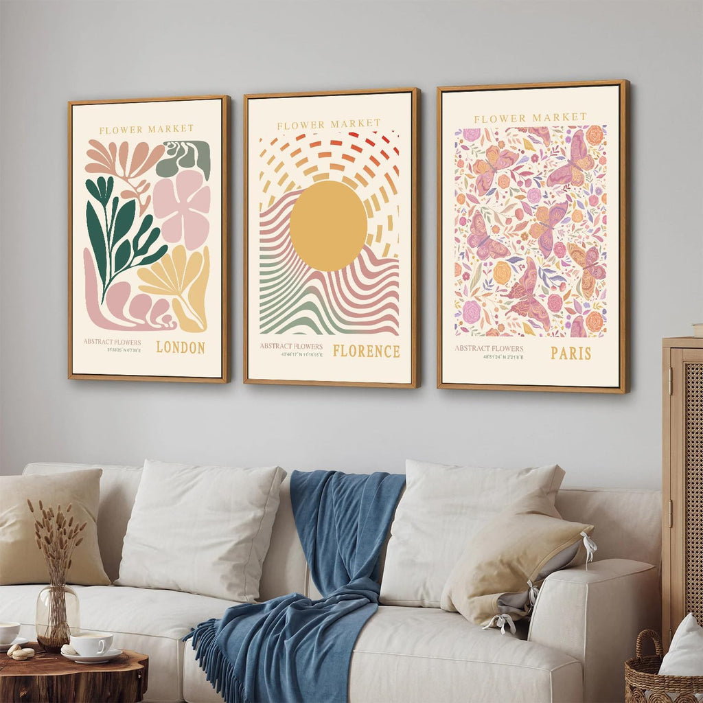 Boho Flower Market Framed Canvas Wall Art Set, Pink Beige Cute Butterfly Wall Decor, Colorful Abstract Floral Wall