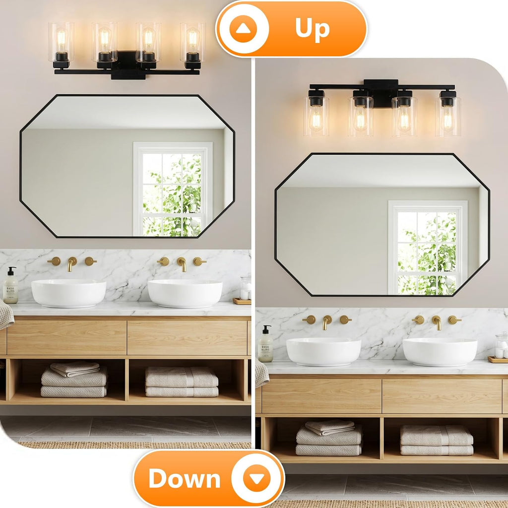 27" Bathroom Light Fixtures Over Mirror,4-Light Black Vanity Light | Square Clear Glass & Durable Metal, Quick & Easy