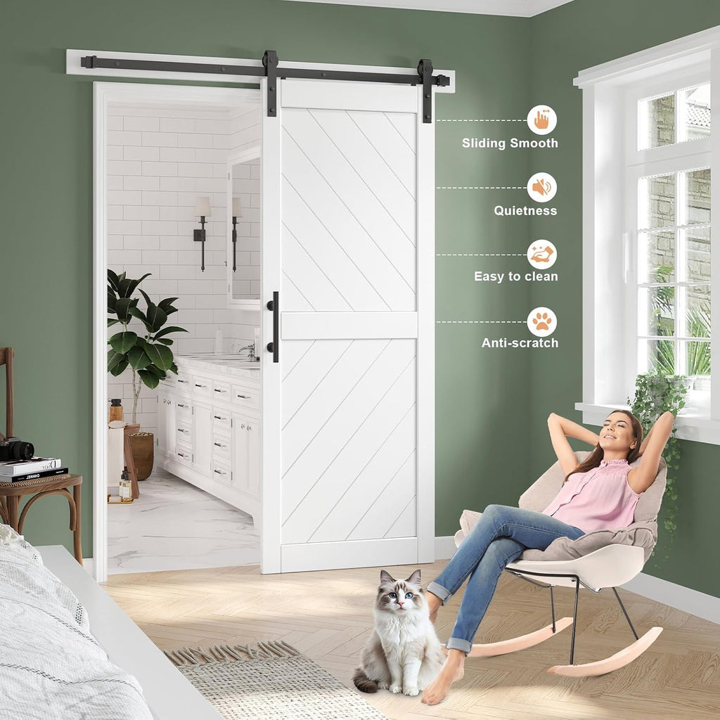32in x 84in Sliding Barn Door with 5.5FT Barn Door Hardware kit & Handle Included, Solid MDF Wood Slab Covered with Water-Proof & Scratch-Resistant PVC Surface,Simple DIY Assembly,Chevron Pattern