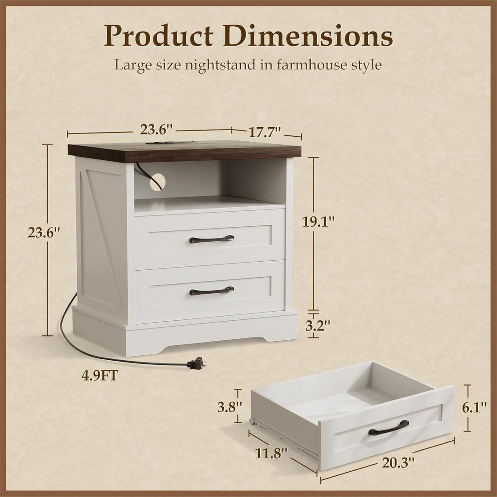 24 Inch Farmhouse Nightstand with Charging Station, Wood Bedside Table with 2 Drawers and Open Shelf, Rustic End