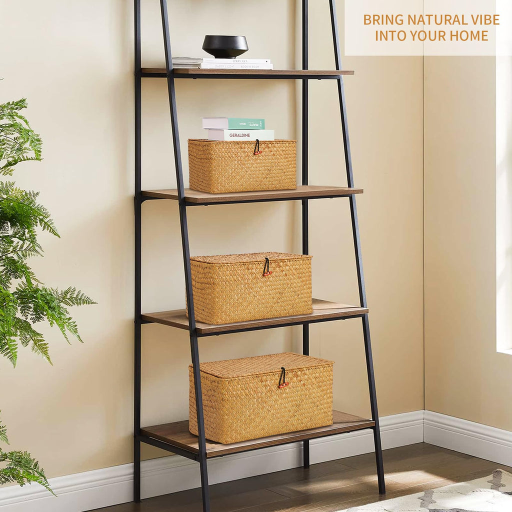 Wicker Shelf Basket with Lids, Seagrass Storage Baskets Bins Rectangular Woven Baskets Boxes for Organizing
