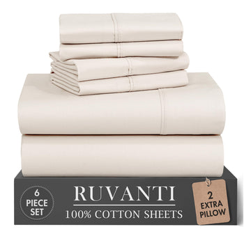 100% Cotton Percale King Sheets, King Size Sheets Set, Soft Ivory