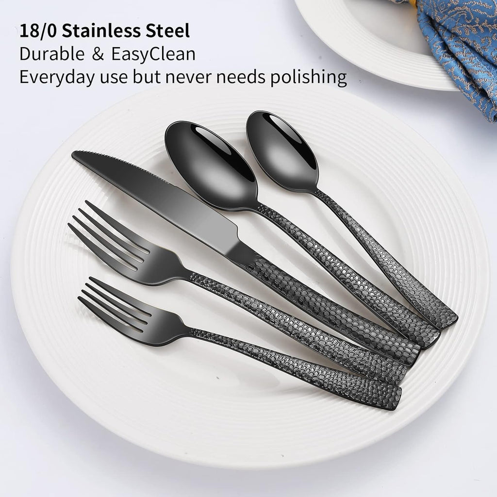 20-Piece Silverware Set, Black Hammered Stainless Steel Flatware for 4, Food-Grade Tableware, Including Fork, Knife