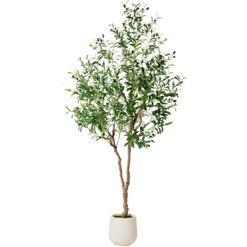 7FT Faux Olive Tree with Decorative Planter, Olive Trees Artificial Indoor with Textured Trunk, Silk Leaves and Olive