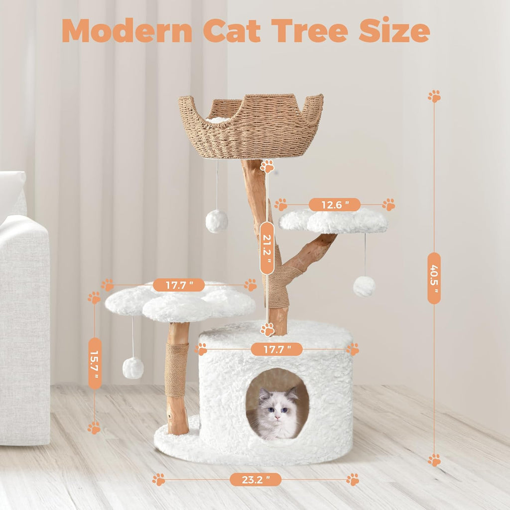 Modern Cat Tree, 40.5" Aesthetic Wood Cat Tree Tower for Large Cats