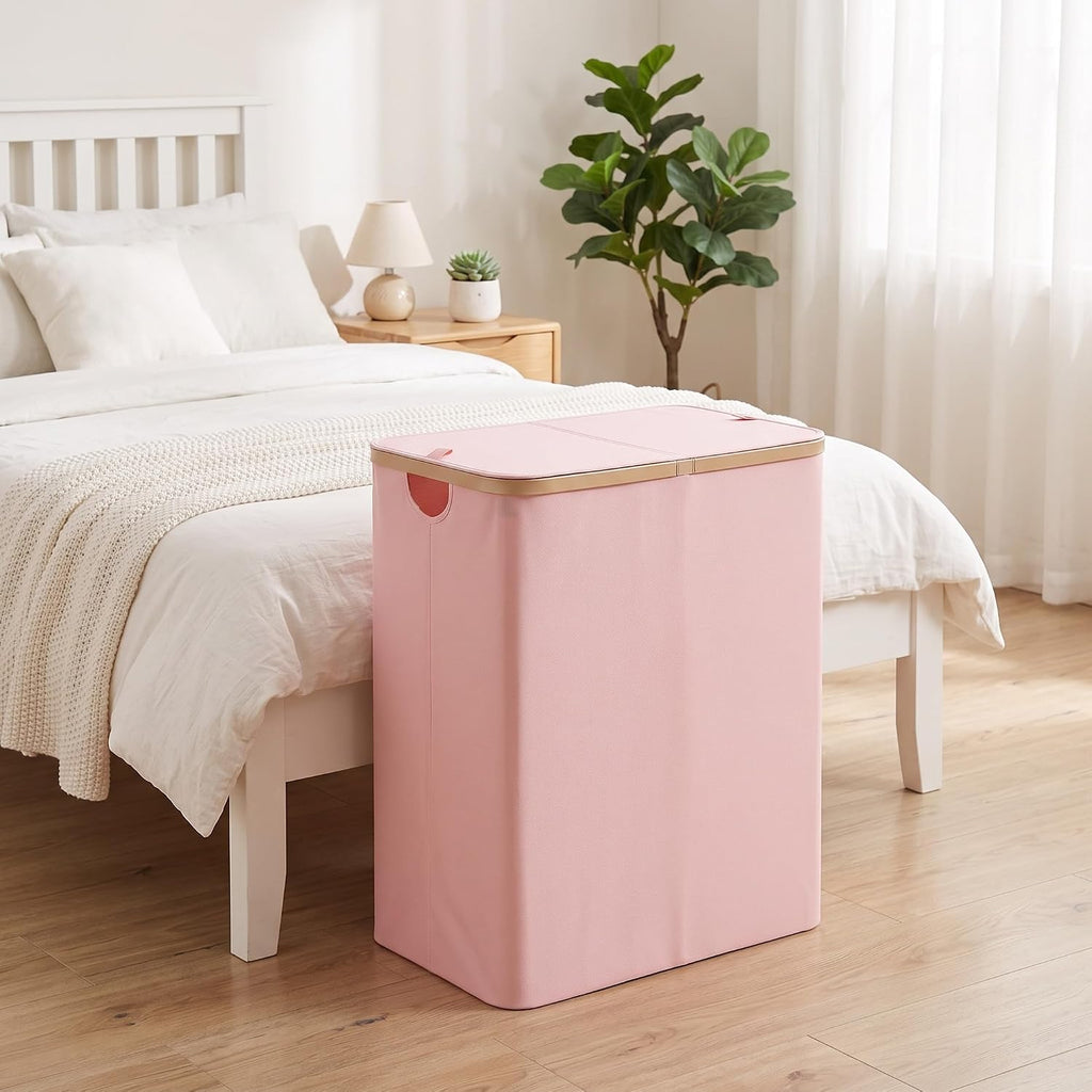 160L Double Laundry Basket Hamper with Lid & Removable Bags, Pink | Extra large 2-section collapsible clothes hamper
