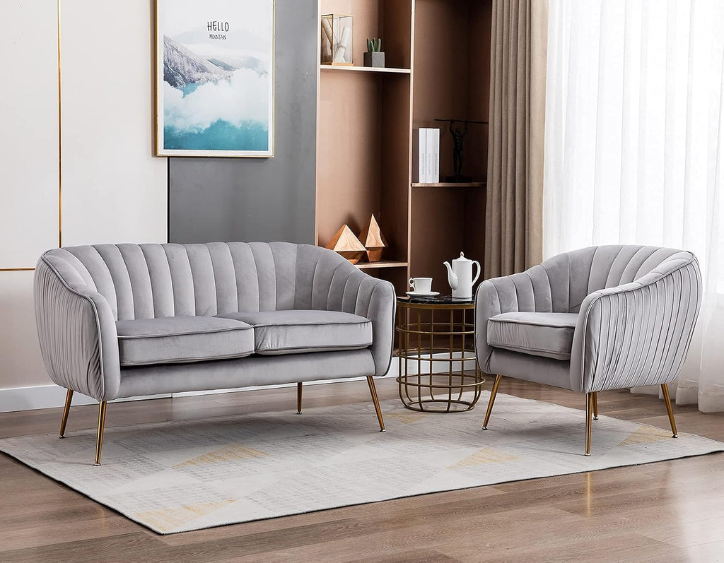 Contemporary Tufted Velvet Tub Barrel Loveseat Sofa Chair Upholstered Couch with Golden Metal Legs Club Two-Seat Sofa