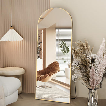 Full Length Mirror, 64"x21" Arch Mirror Floor Mirror with Stand, Gold Arched Full Body Standing or Leaning Mirror