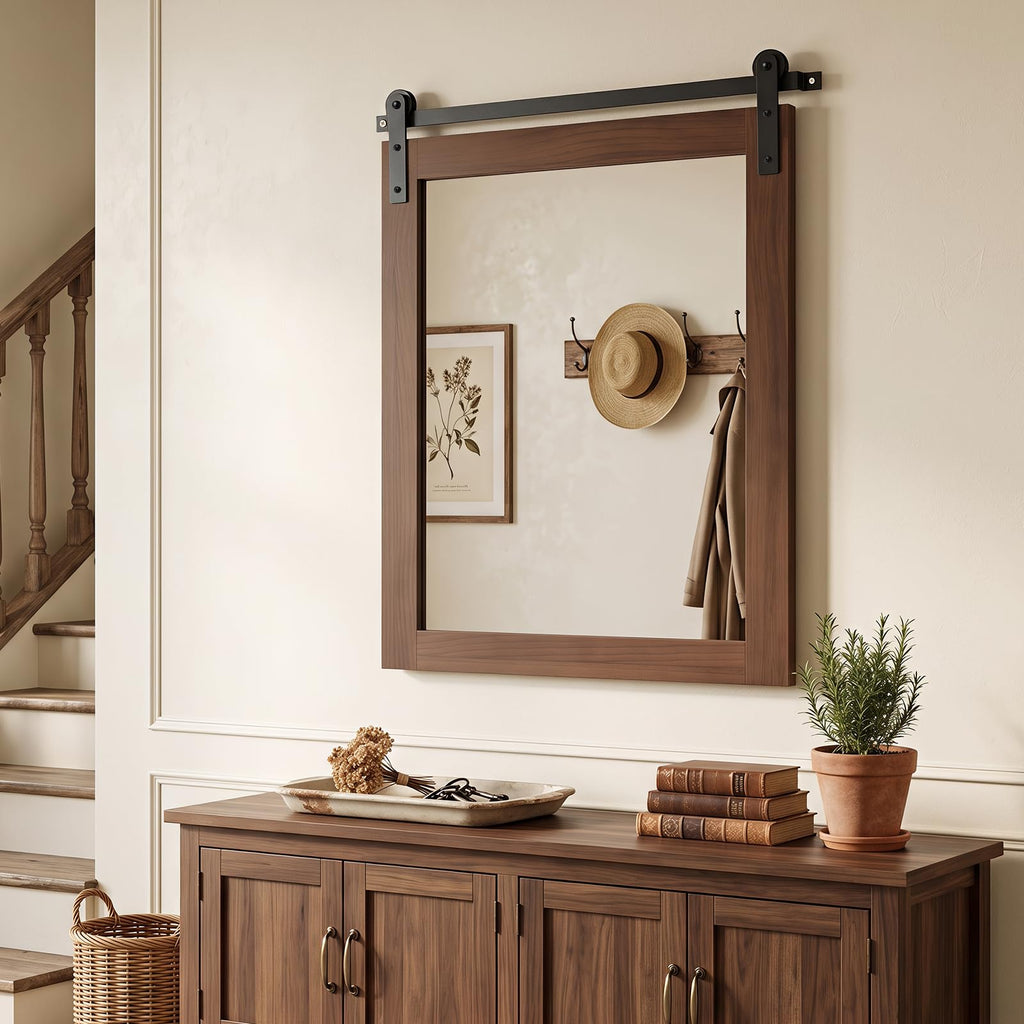 Farmhouse Barn Door Wall Mirror, 29"x23", Walnut