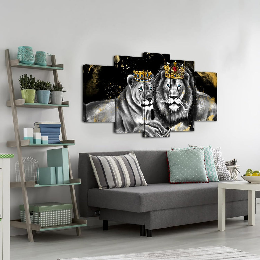 5 Piece Lion and Lioness Canvas Wall Art King and Queen with Golden Crown African Animal Painting Artwork Bedroom