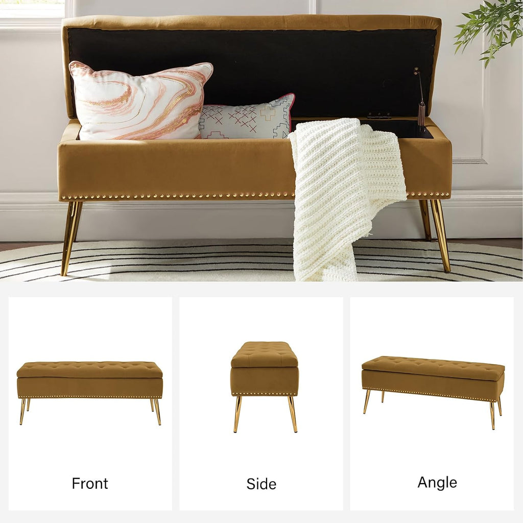 45.5" Luxury Velvet Storage Ottoman Bench with Button Tufted & Nailhead Trim, Upholstered Entryway Benches with Gold