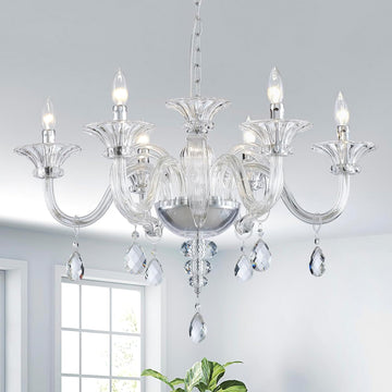 6 Light Crystal Chandelier, Modern Dining Room Lighting Fixture, Clear Pendant Light with Crystal Ball for Bedroom Livingroom, D26xW26xH18, E12 Socket