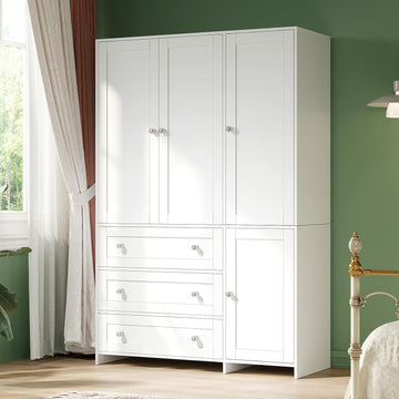71" Armoire Wardrobe Closet with 3 Drawers and Mirror | Clothing Storage Cabinet with Hanging Rod, 4 Doors Wooden