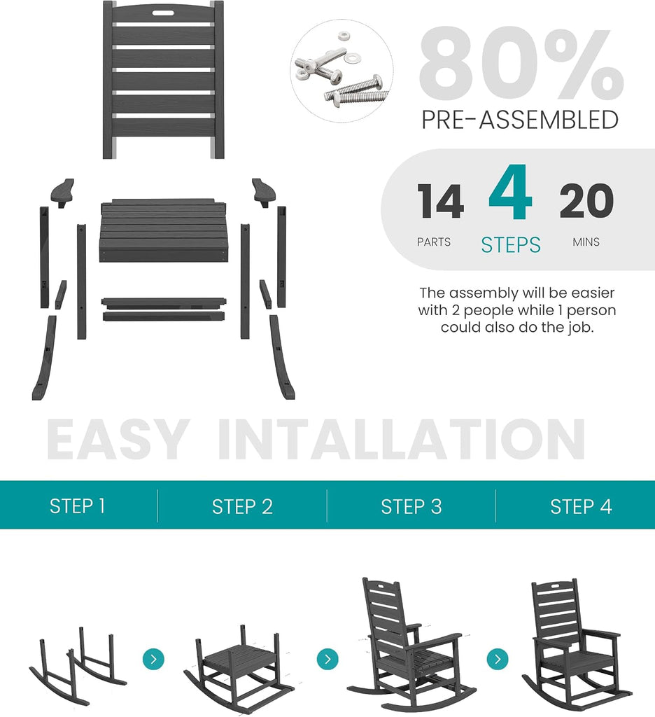 2-Pc Rocking Chair Set with Footboard, HDPE, 350lbs Cap, Gray | Oversized HDPE Rocking Chair with Footrest for