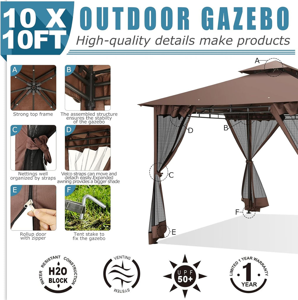 Outdoor Gazebo 10x10 Gazebos on Clearance with Netting, Waterproof Canopy Tent with Heavy Duty Party Tent Steel Frame