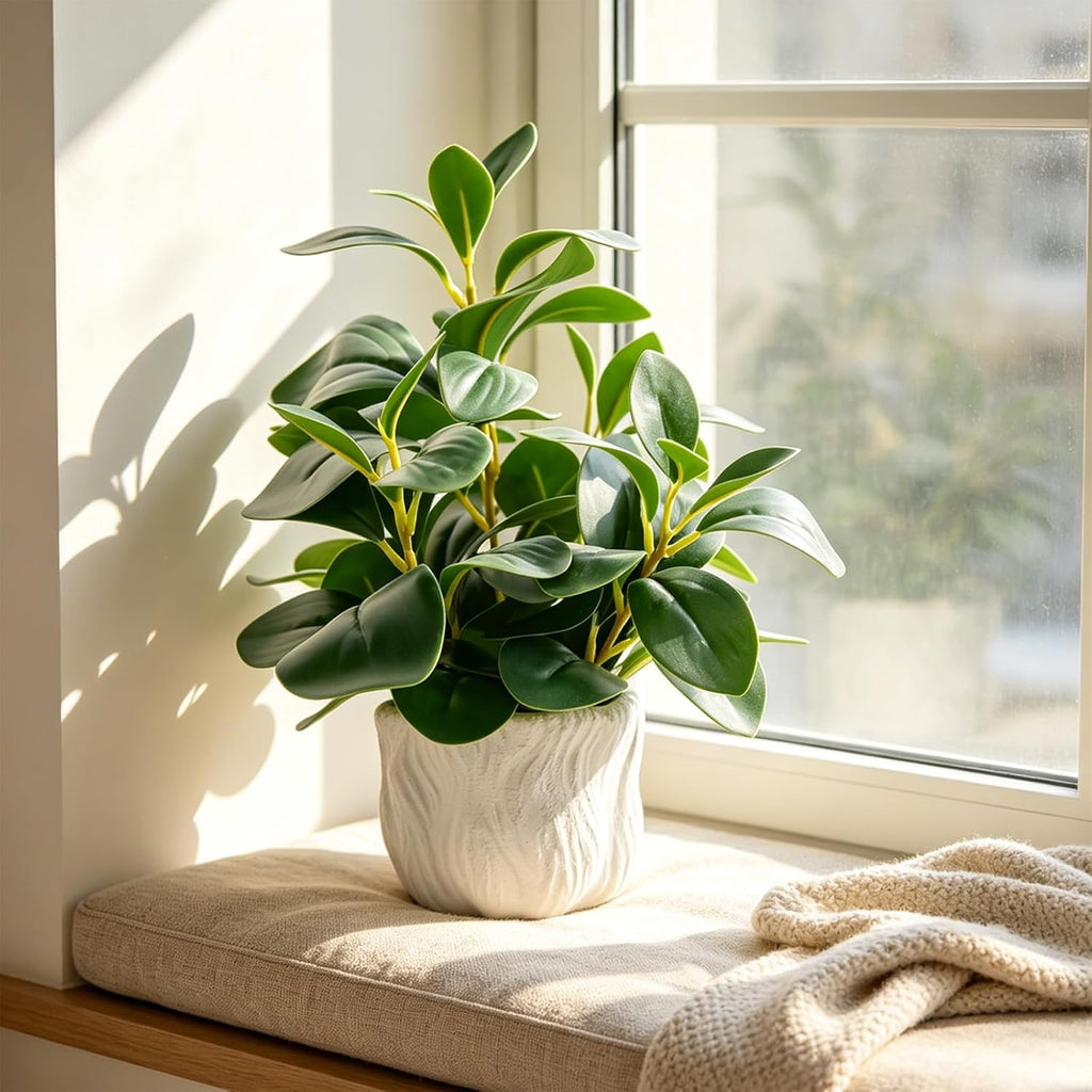 14" Artificial Potted Plant with Thick Leaves in White Textured Pot | Realistic Thick Leaves , Compact Desk & Shelf
