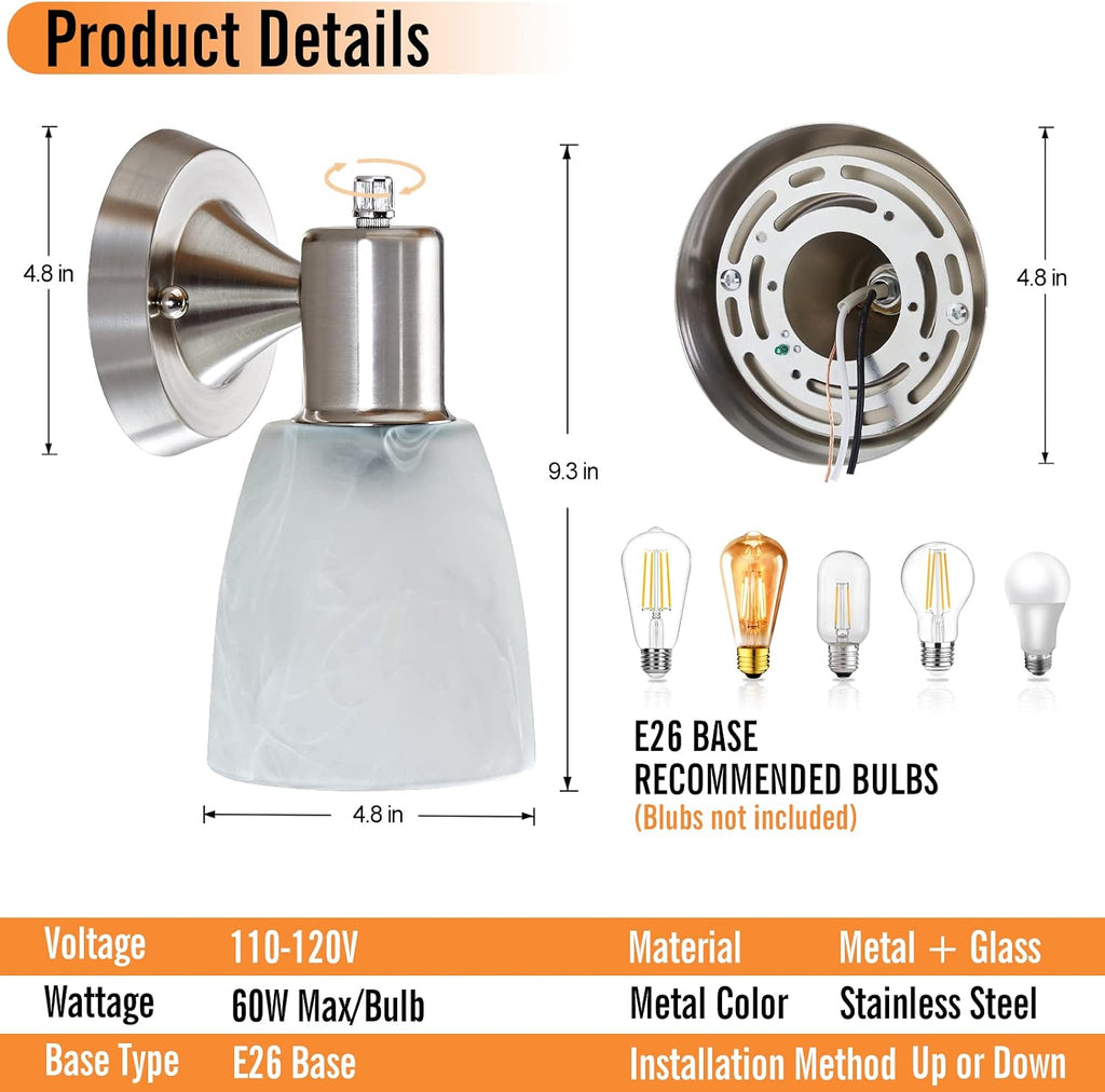 Wall Sconces Set of 2, Brushed Nickel Vanity Lights , Modern Wall Light Fixtures with Rotary Switch, Wall Mount Light
