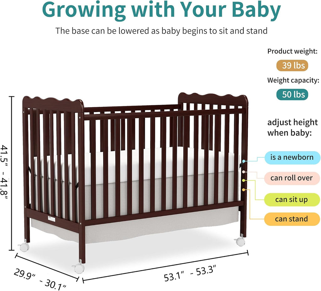 4-in-1 Convertible Wood Baby Crib, Toddler Bed & Daybed (Espresso) | Locking Wheels, 3 Heights, Non-Toxic Finish