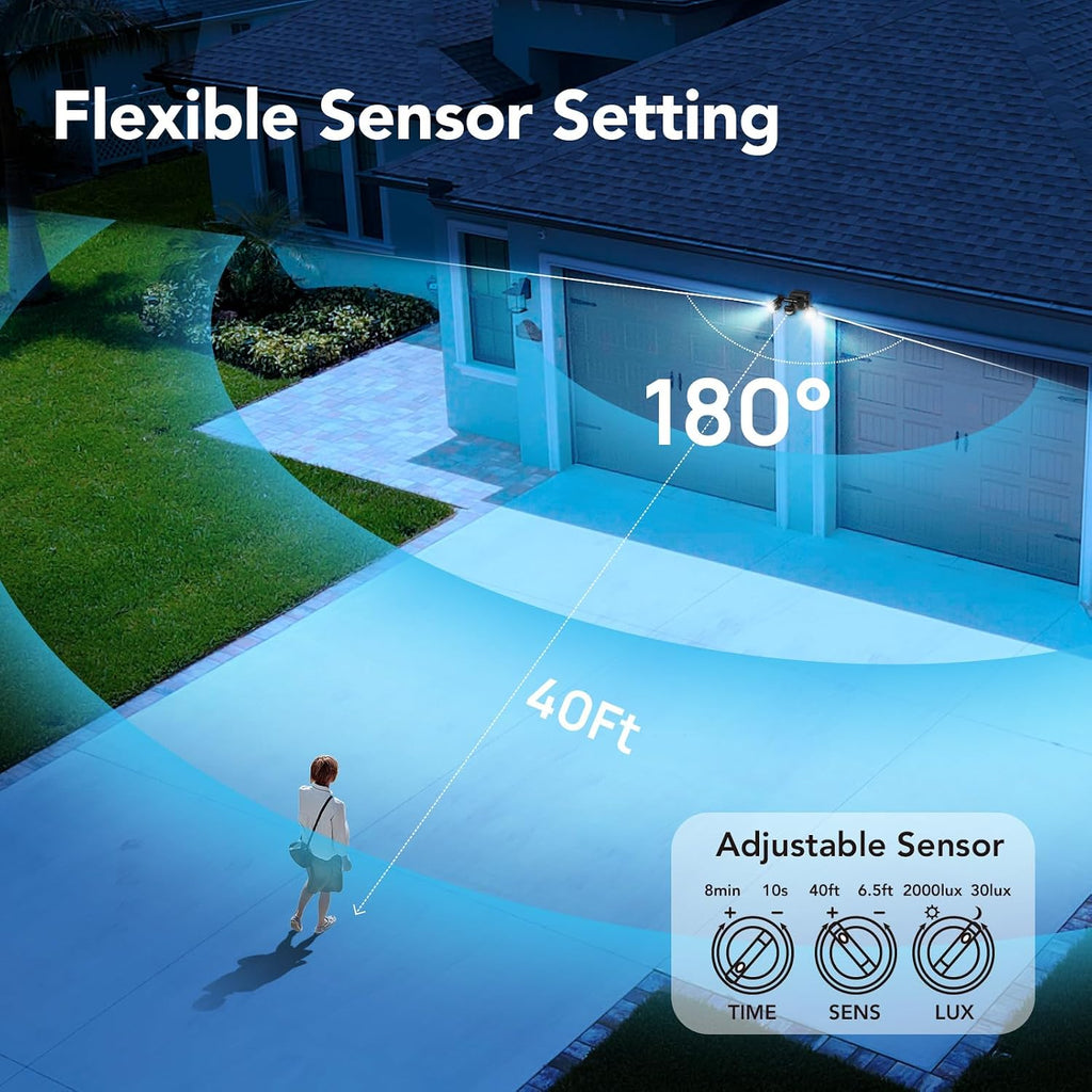 Motion Sensor Outdoor Security Light, Adjustable Dual-Head LED Flood Light, 3 Modes(Motion/Manual/Dusk to Dawn), 150W