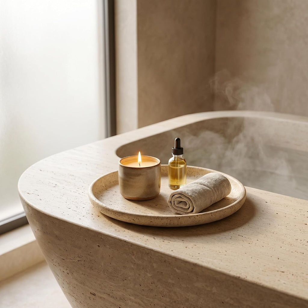 Beige Travertine Round Marble Tray, 10" Deep Dish Vanity Organizer | Honed natural stone bowl, high rim; holds